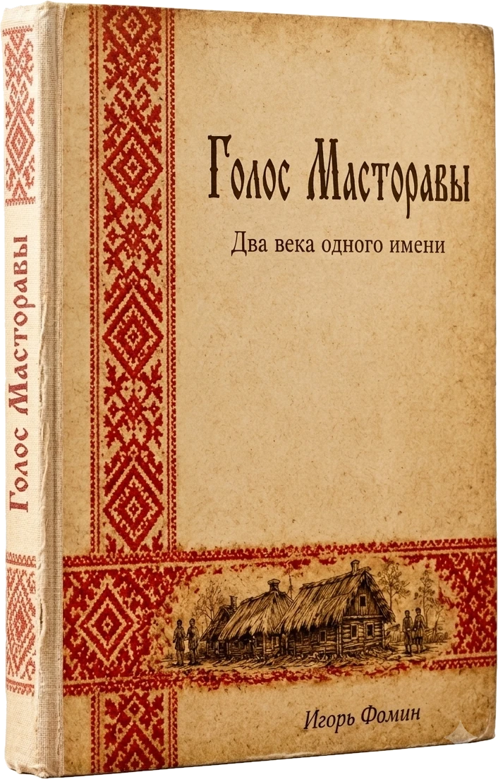 Книга «Голос Масторавы. Два века одного имени», Игорь Фомин: обложка с мордовским орнаментом и гравюрой избы.